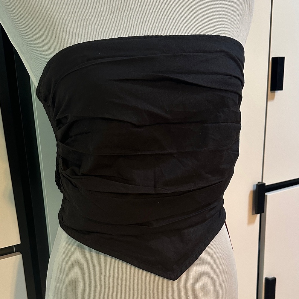 PrettyLittleThing Black cotton poplin ruched bandeau top NWT